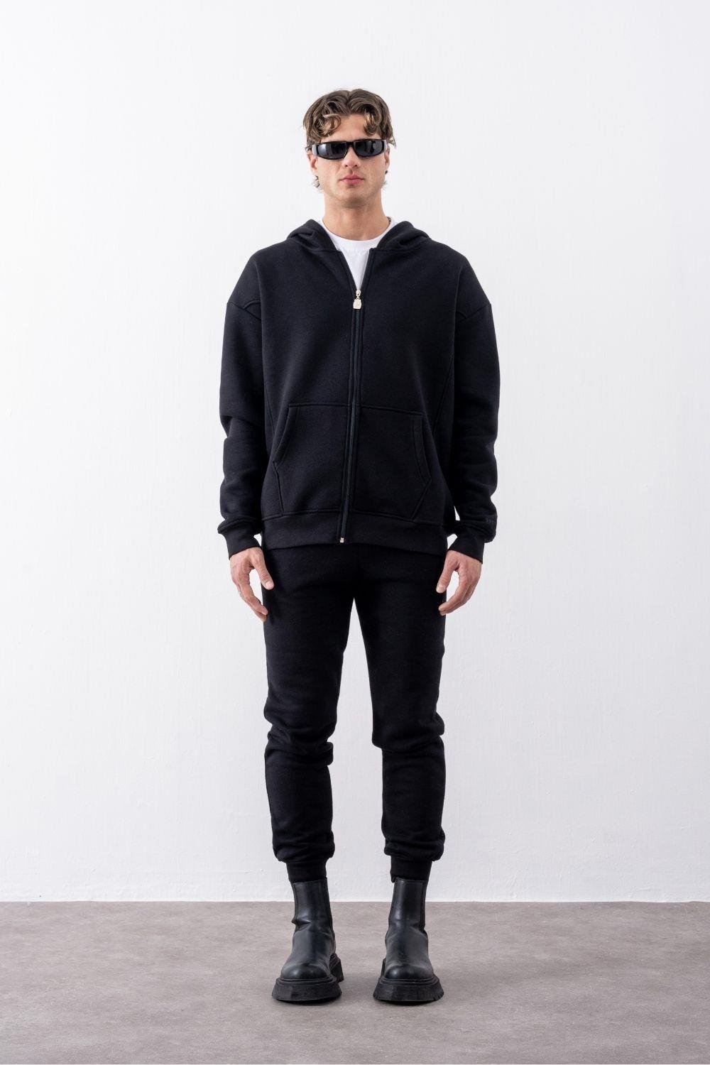 Erkek Oversize Fermuarlı Kapüşonlu Siyah Sweatshirt