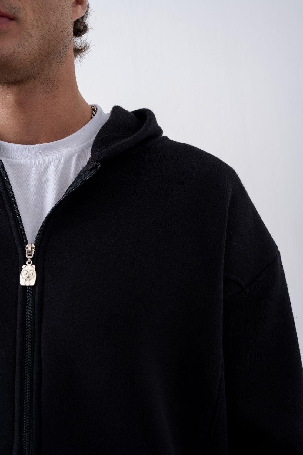 Erkek Oversize Fermuarlı Kapüşonlu Siyah Sweatshirt