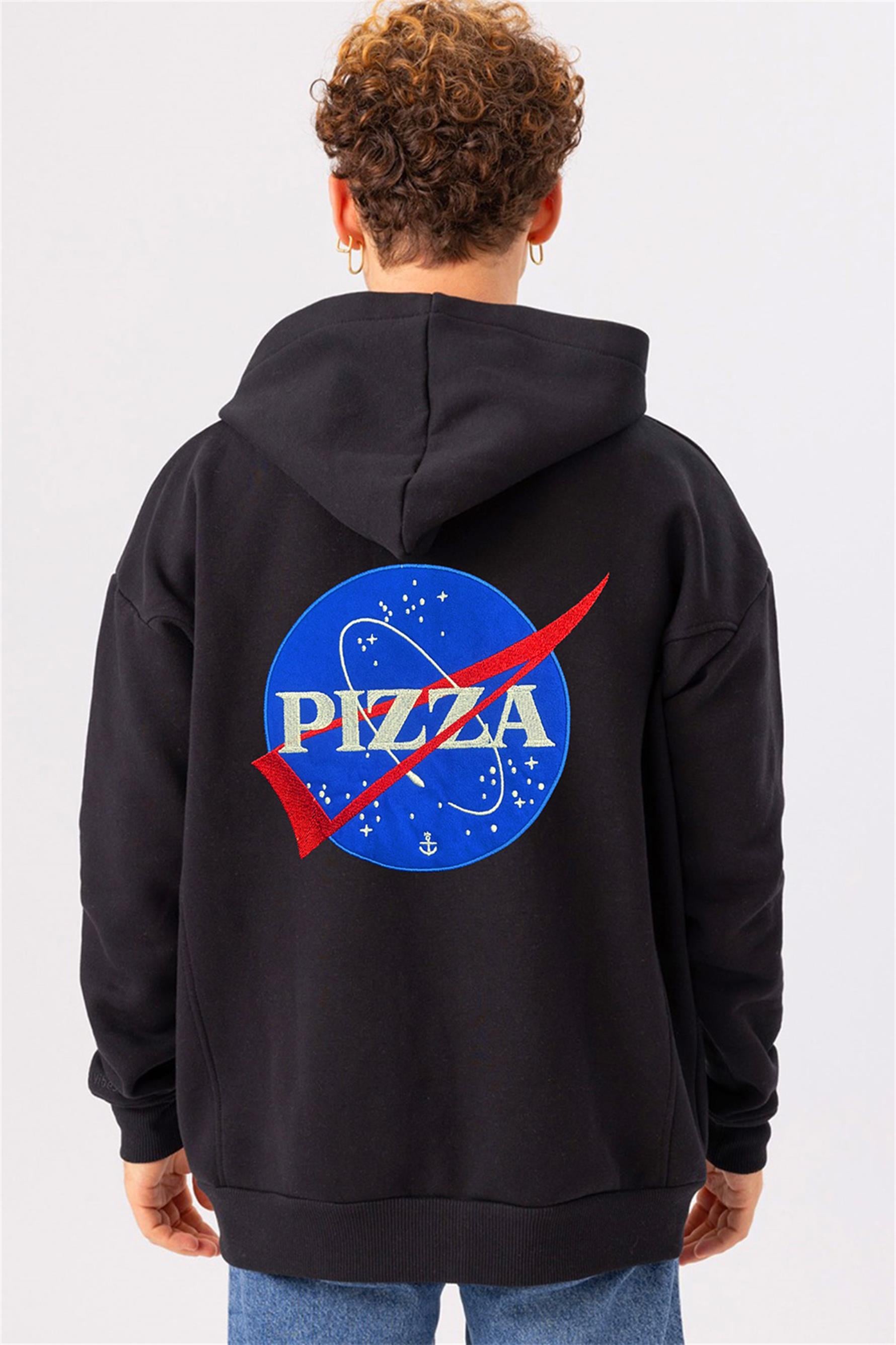 Erkek Pizza Baskılı Siyah Sweatshirt