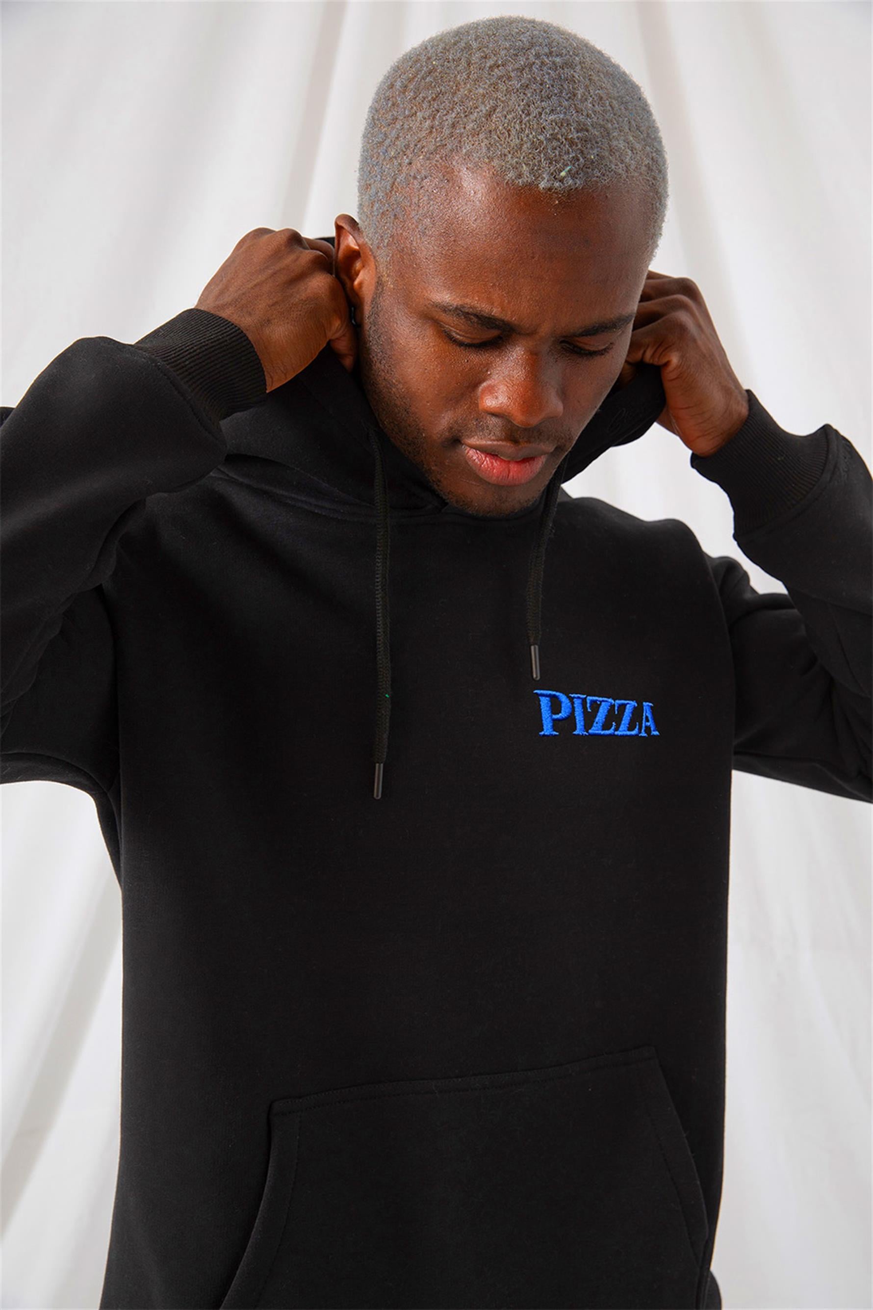 Erkek Pizza Baskılı Siyah Sweatshirt