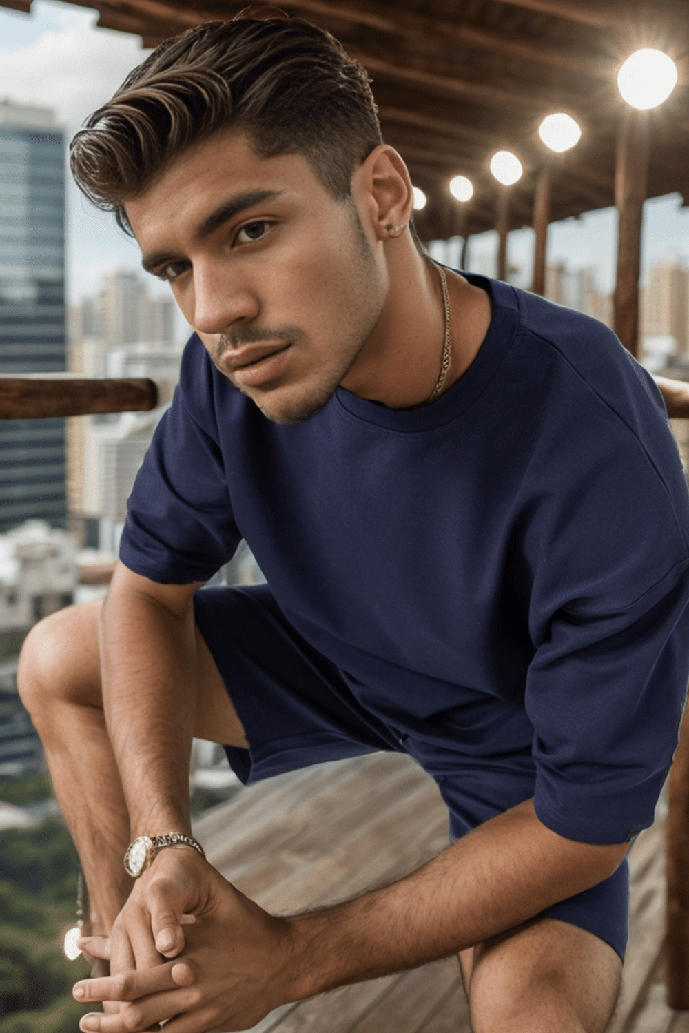 Erkek Plain Oversize Lacivert T-Shirt
