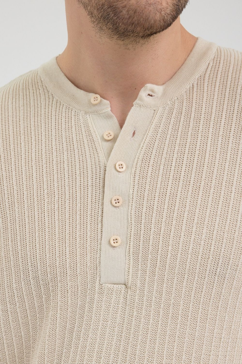 Erkek Selanik Fitilli Düğmeli Bej İnce Kazak