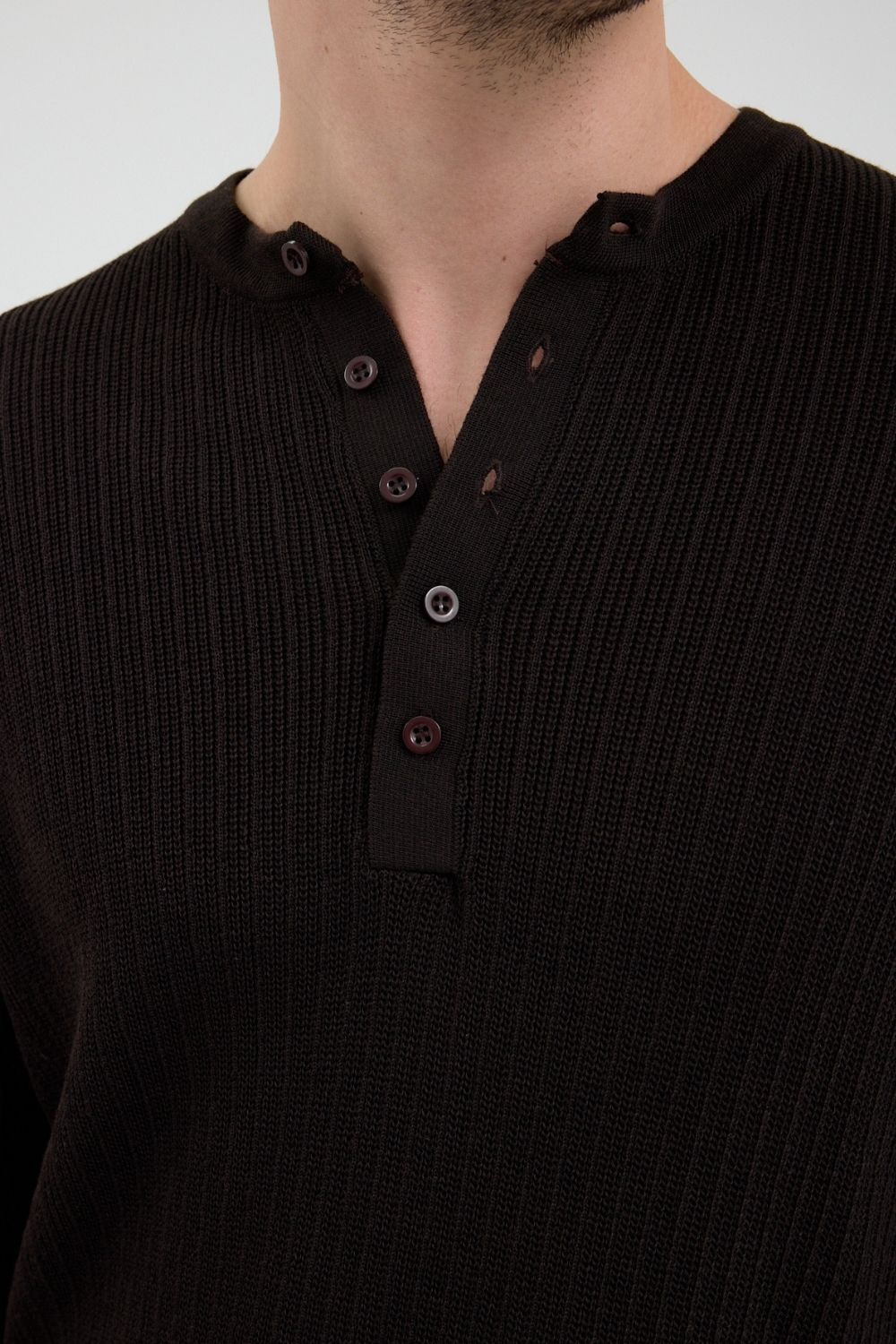 Erkek Selanik Fitilli Düğmeli Kahverengi İnce Kazak