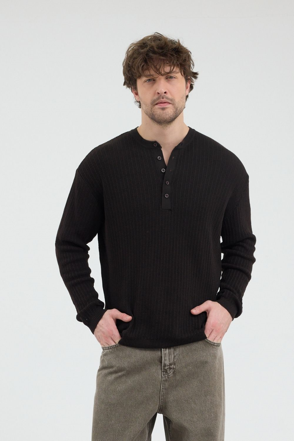 Erkek Selanik Fitilli Düğmeli Kahverengi İnce Kazak