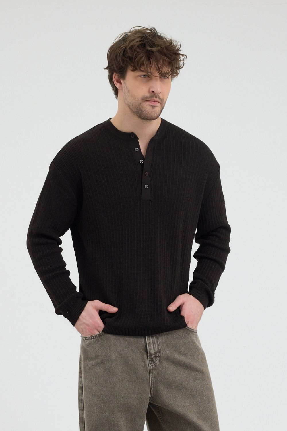 Erkek Selanik Fitilli Düğmeli Kahverengi İnce Kazak