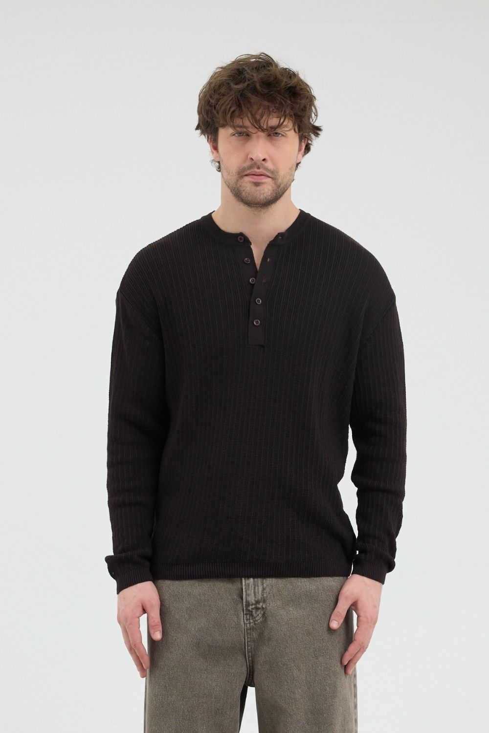 Erkek Selanik Fitilli Düğmeli Kahverengi İnce Kazak