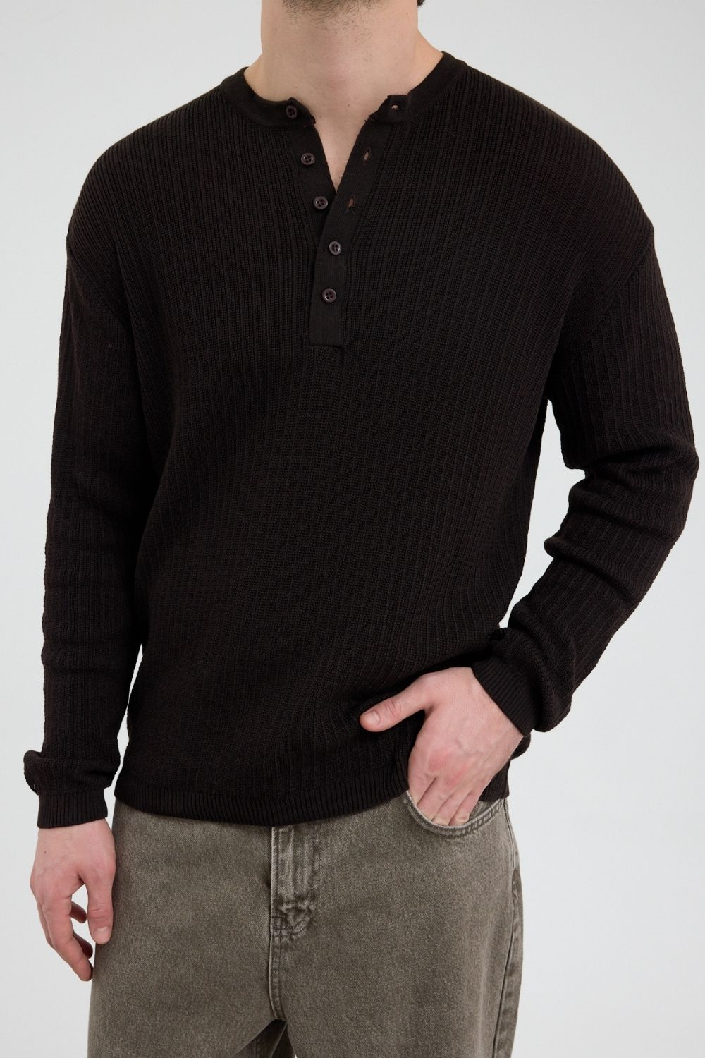 Erkek Selanik Fitilli Düğmeli Kahverengi İnce Kazak