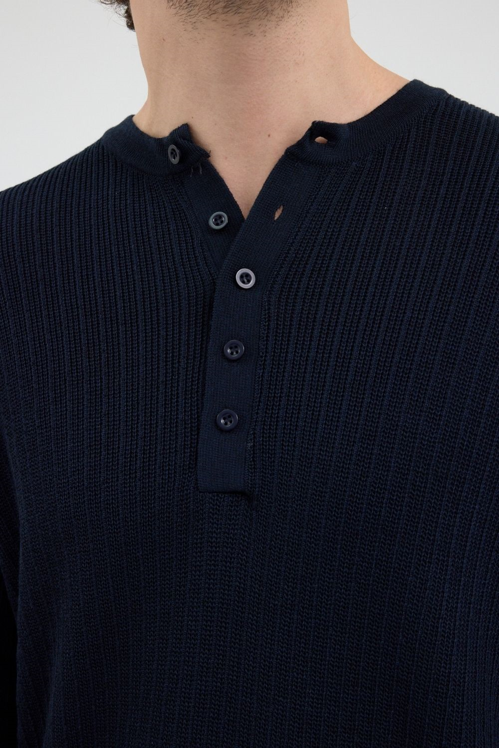 Erkek Selanik Fitilli Düğmeli Lacivert İnce Kazak