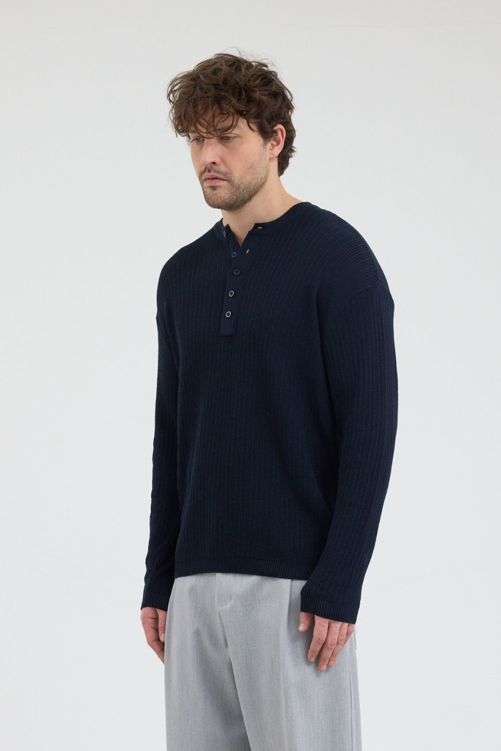 Erkek Selanik Fitilli Düğmeli Lacivert İnce Kazak