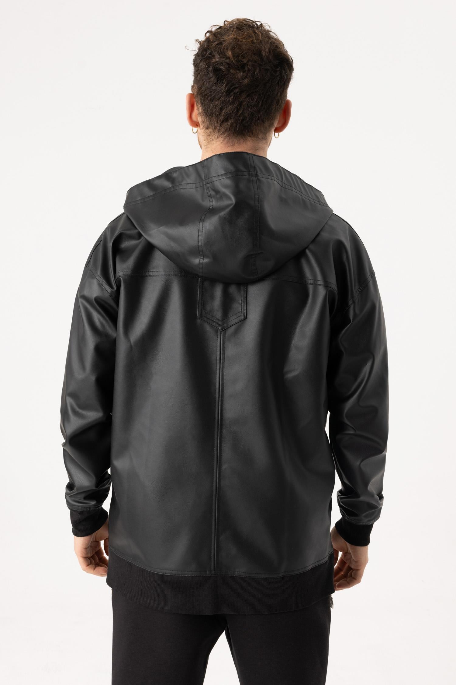 Erkek Siyah Deri Hoodie Yağmurluk