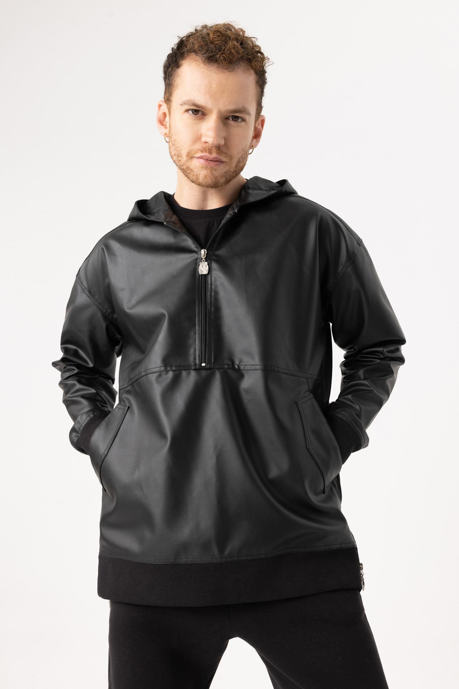 Erkek Siyah Deri Hoodie Yağmurluk