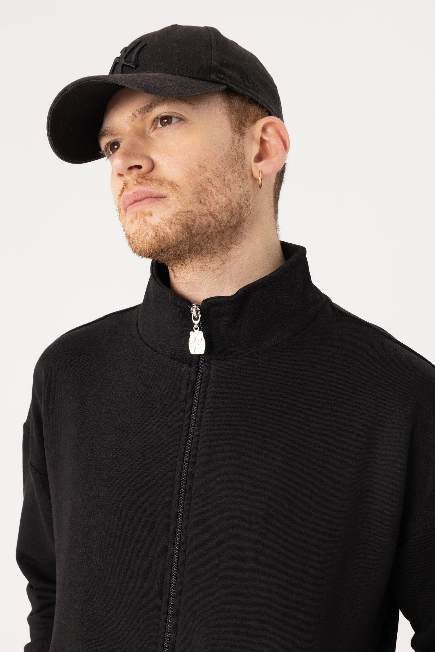 Erkek Siyah Dik Yaka Fermuarlı Oversize Sweatshirt