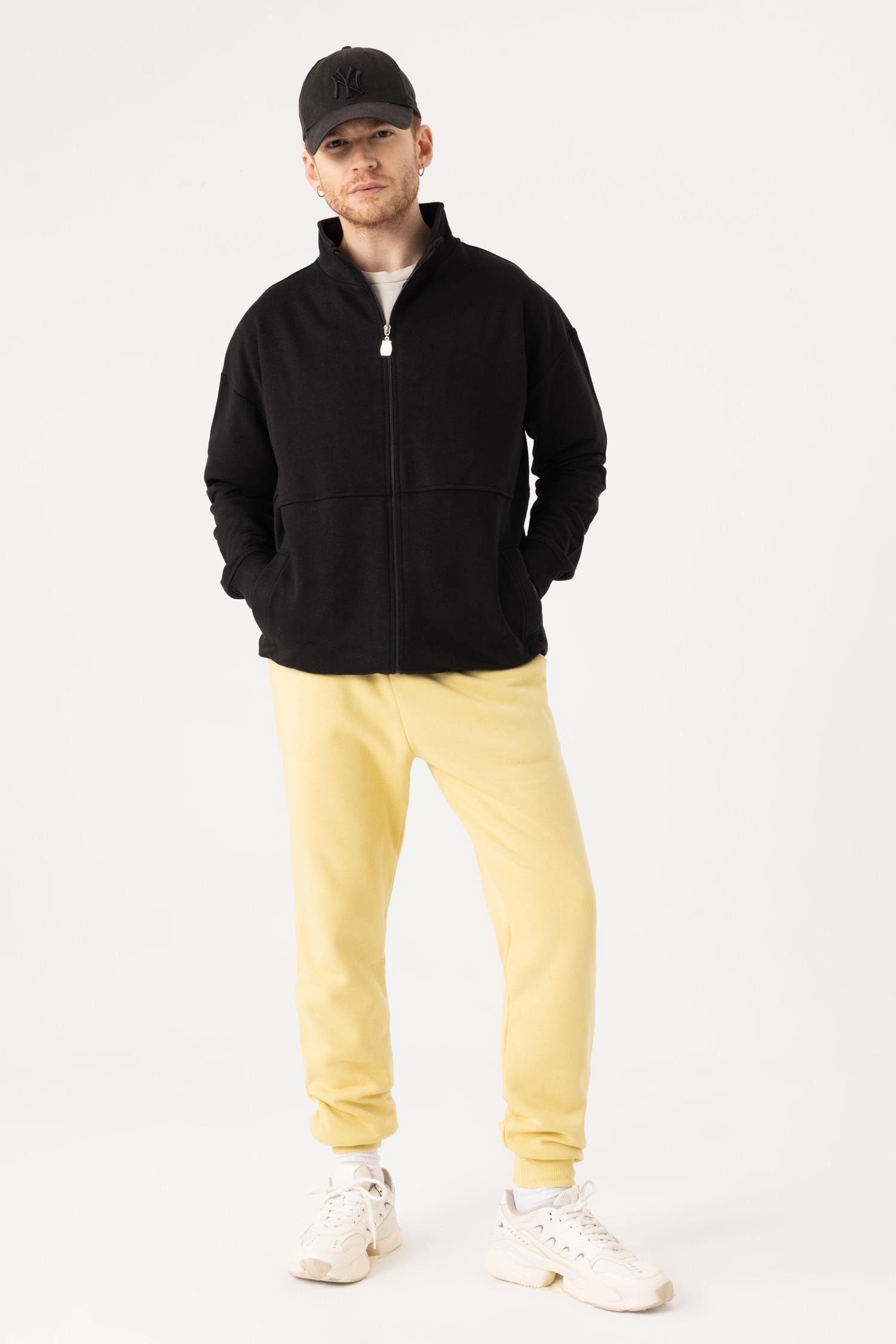 Erkek Siyah Dik Yaka Fermuarlı Oversize Sweatshirt