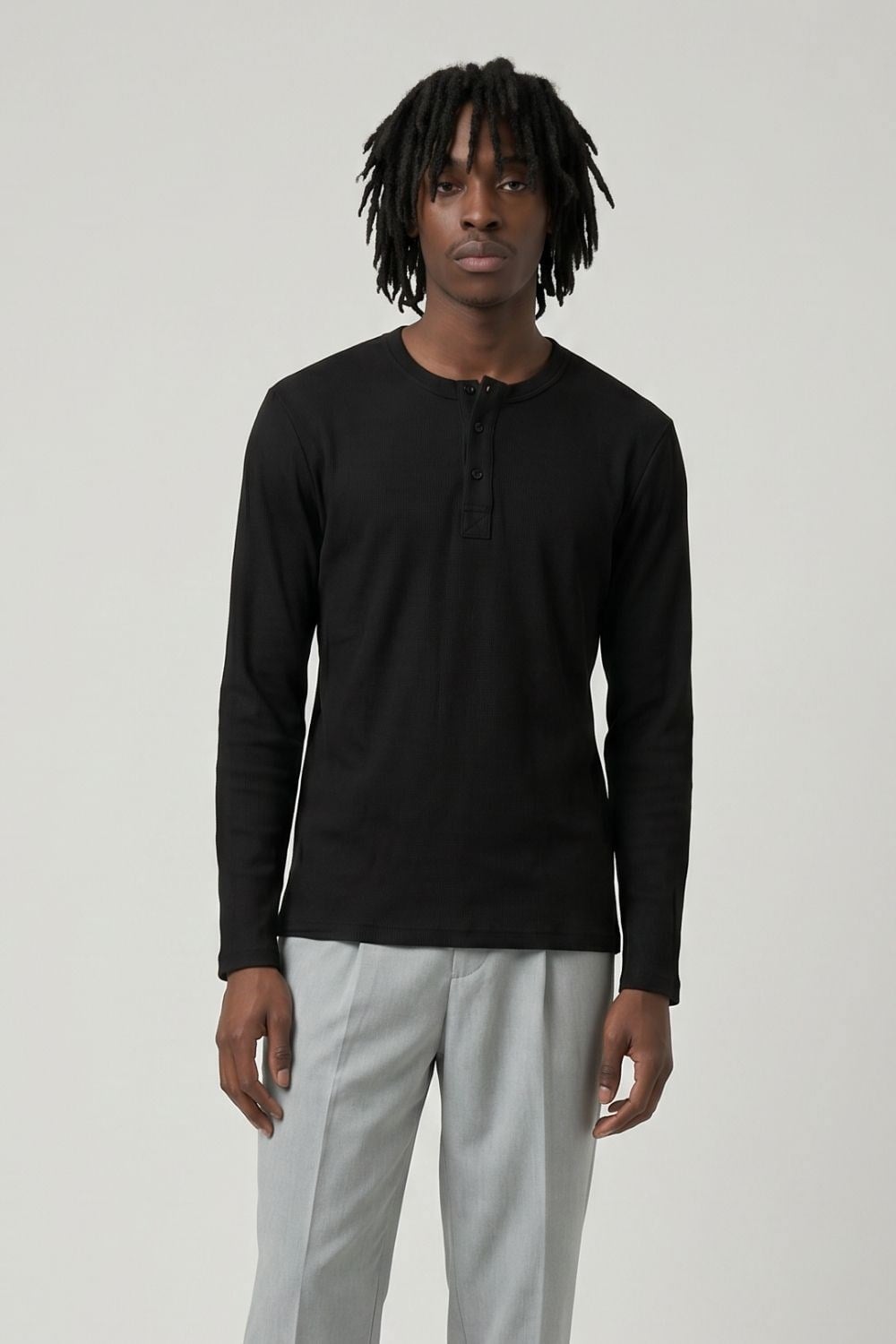 Erkek Siyah Henley  T-Shirt