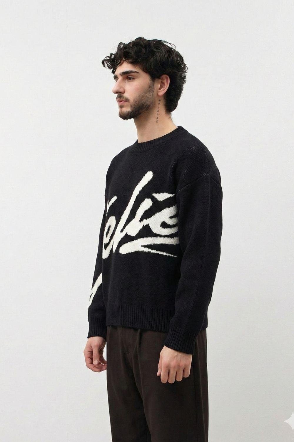 Erkek Siyah İşlemeli oversize kazak