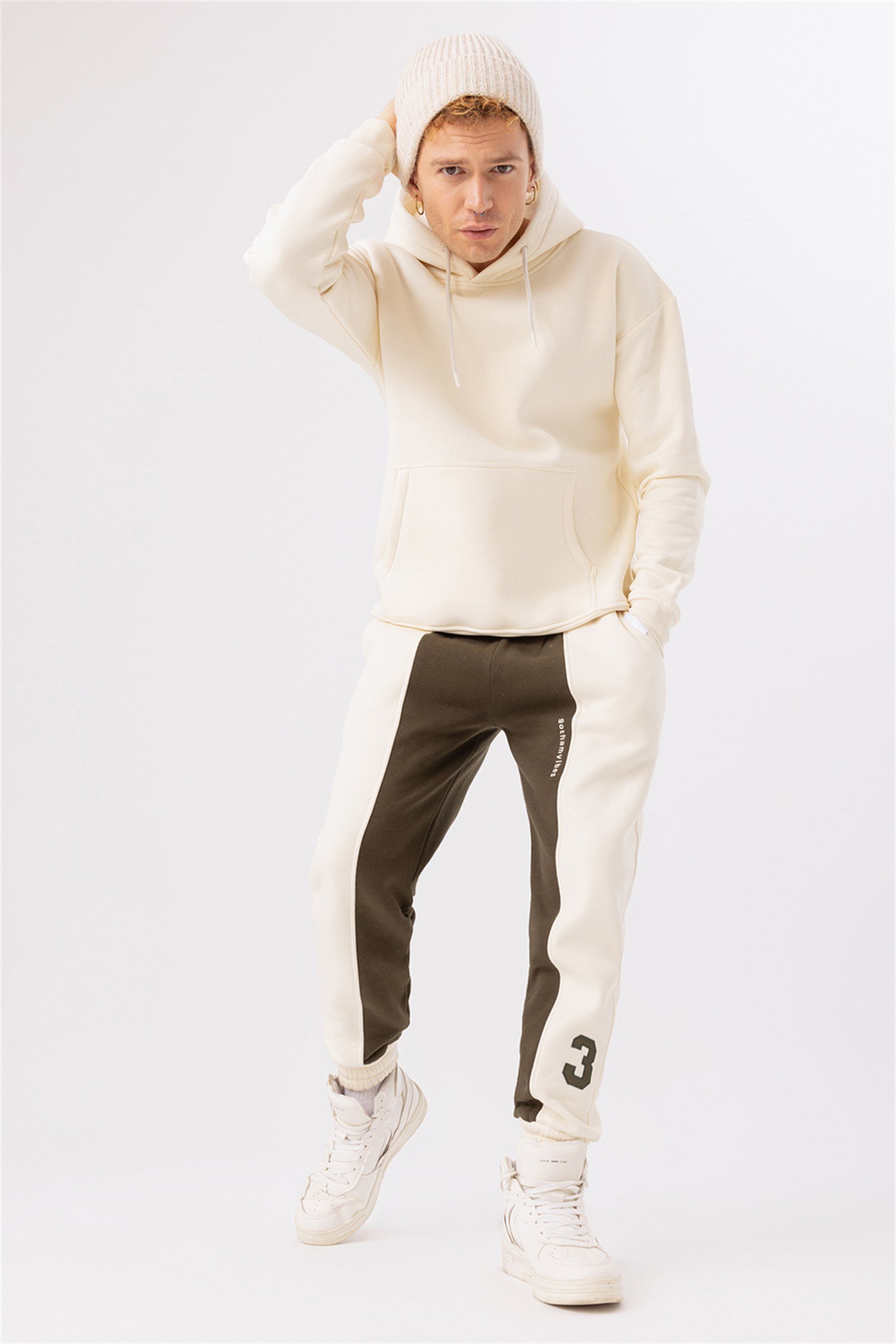 Erkek Stay Oversize Krem Hoodie Sweatshirt