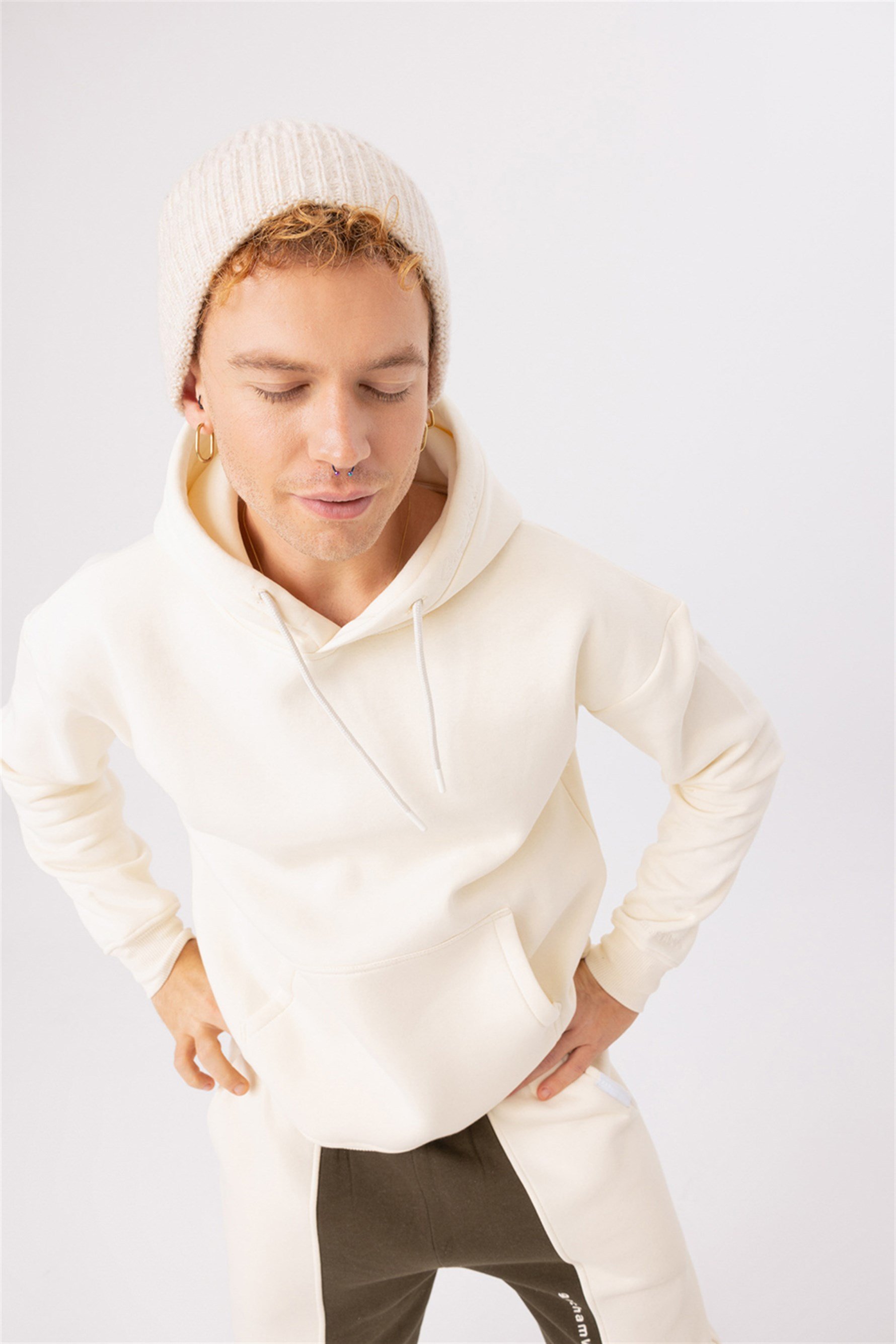 Erkek Stay Oversize Krem Hoodie Sweatshirt