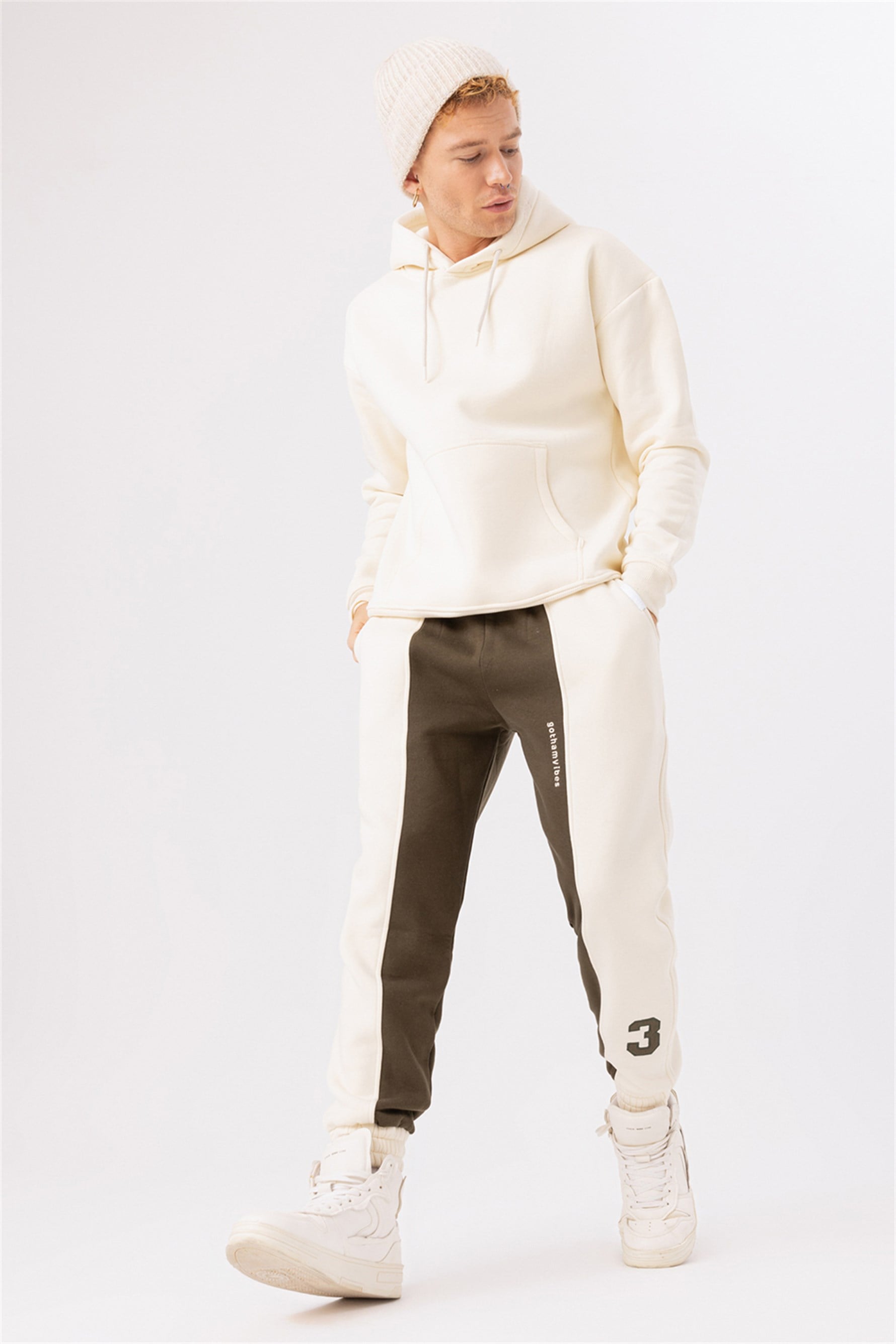 Erkek Stay Oversize Krem Hoodie Sweatshirt
