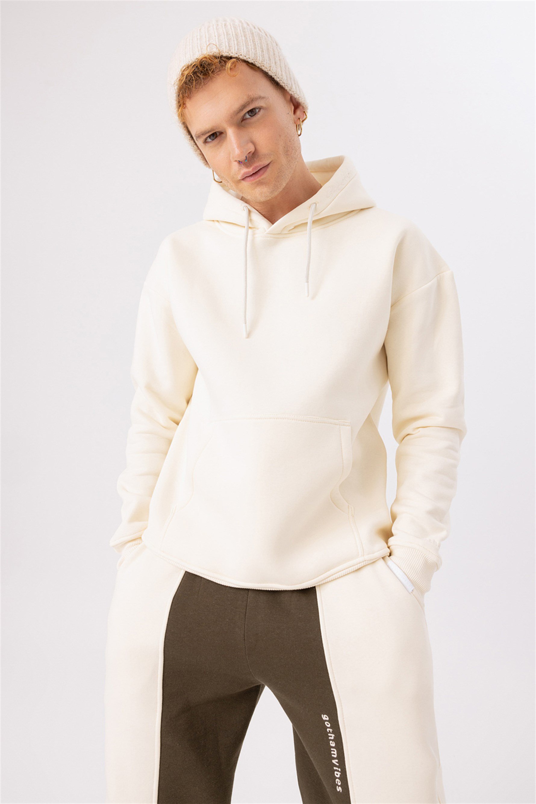 Erkek Stay Oversize Krem Hoodie Sweatshirt