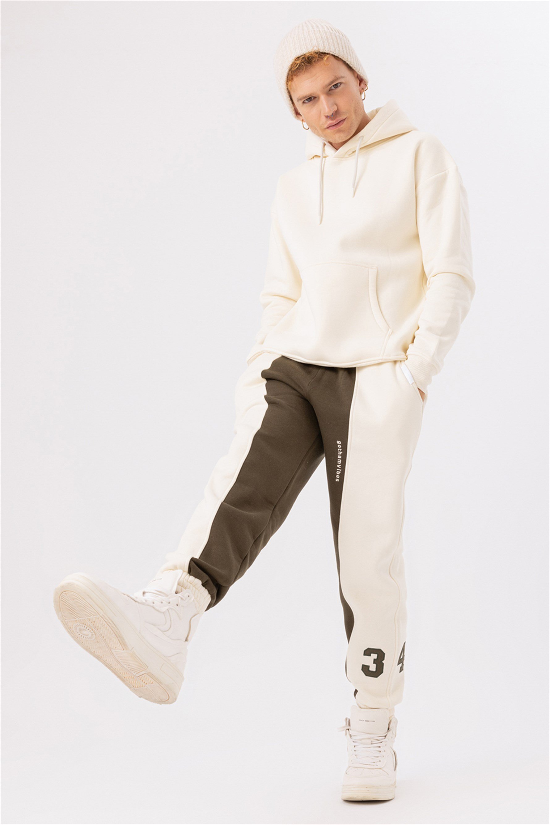 Erkek Stay Oversize Krem Hoodie Sweatshirt