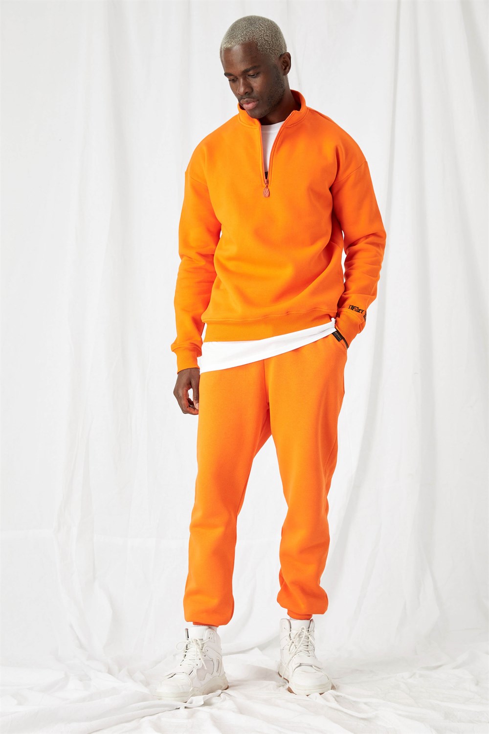 Erkek Turuncu Fermuarlı Oversize Sweatshirt