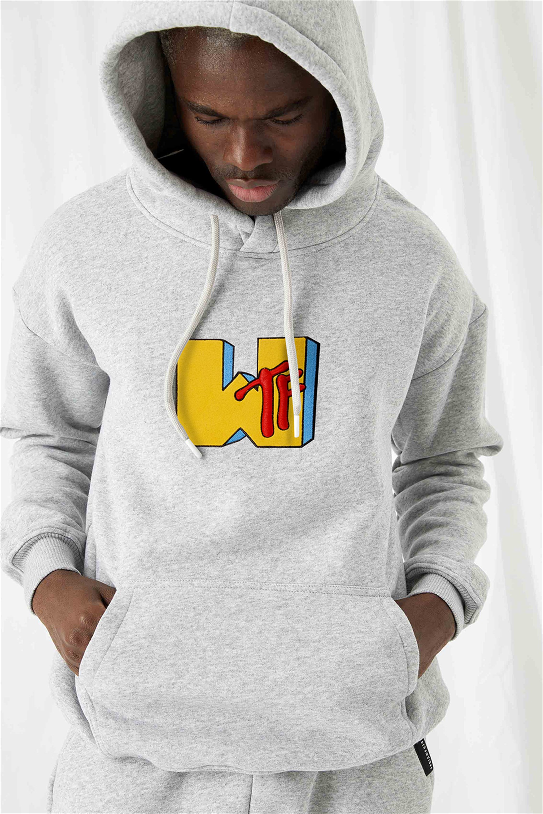 Erkek WTF Oversize Gri Hoodie Sweatshirt
