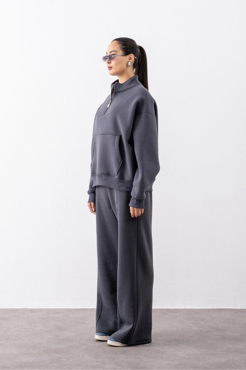 Kadın Antrasit Fermuarlı Oversize Sweatshirt