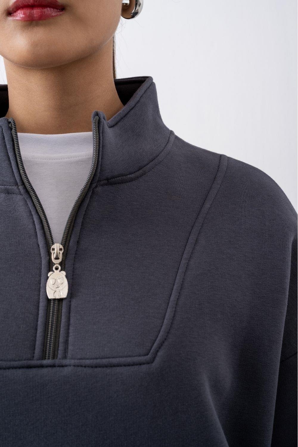 Kadın Antrasit Fermuarlı Oversize Sweatshirt