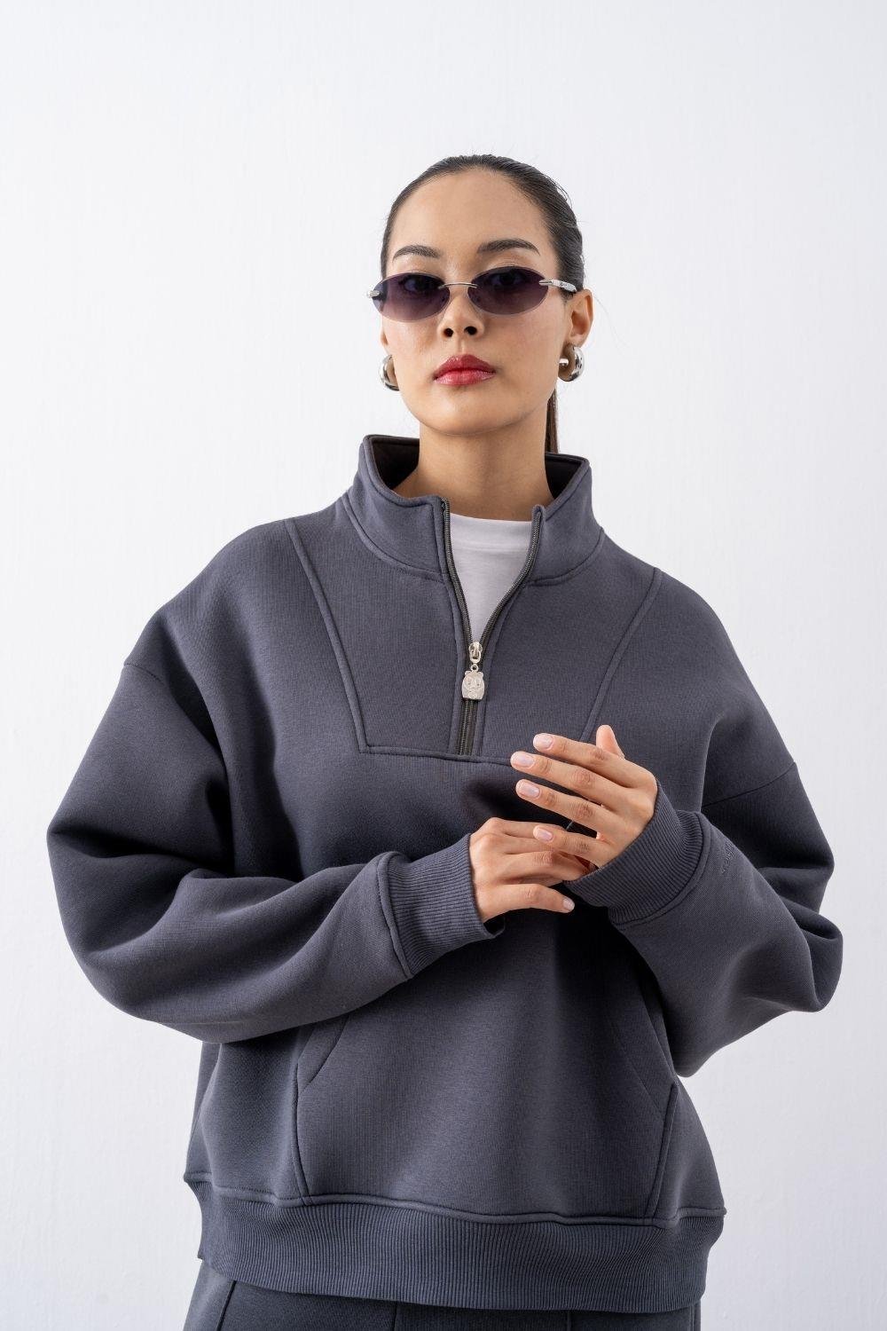 Kadın Antrasit Fermuarlı Oversize Sweatshirt