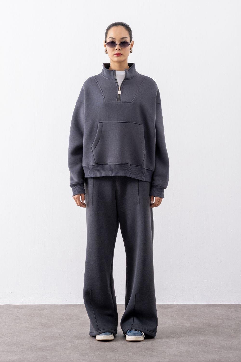Kadın Antrasit Fermuarlı Oversize Sweatshirt