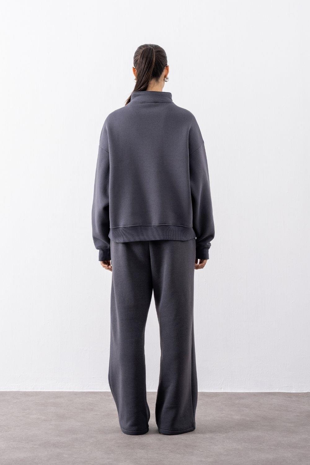 Kadın Antrasit Fermuarlı Oversize Sweatshirt