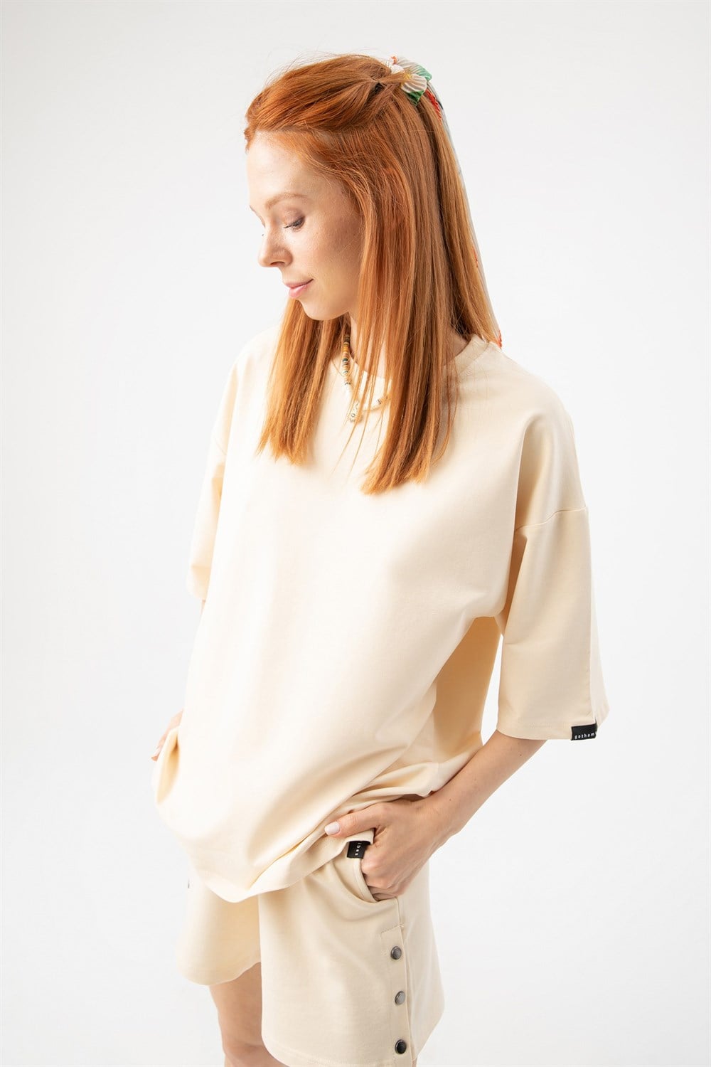 Kadın Base Oversize Krem T-Shirt