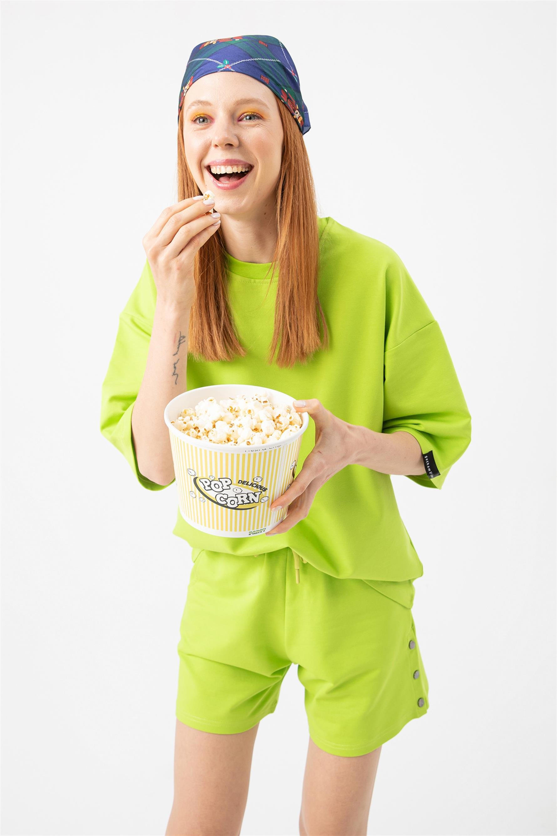 Kadın Base Oversize Lime Yeşili T-Shirt