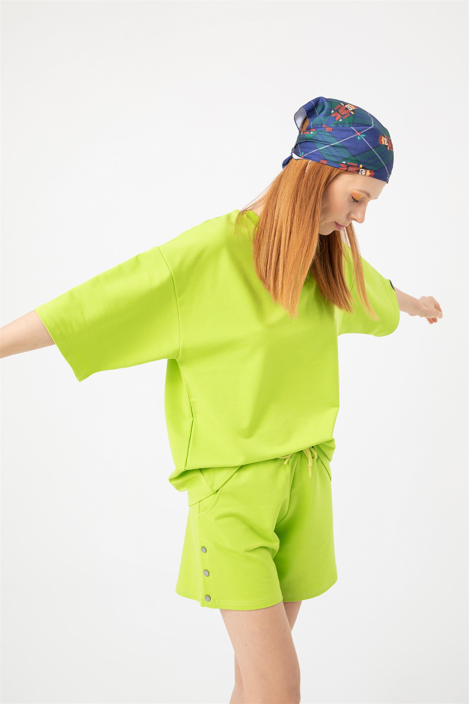 Kadın Base Oversize Lime Yeşili T-Shirt