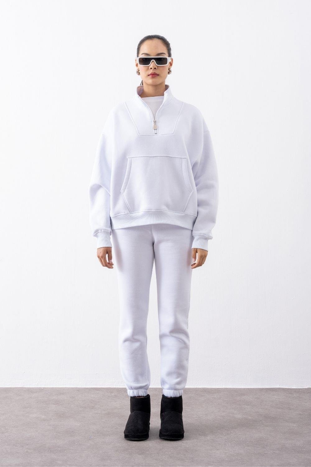 Kadın Beyaz Fermuarlı Oversize Sweatshirt