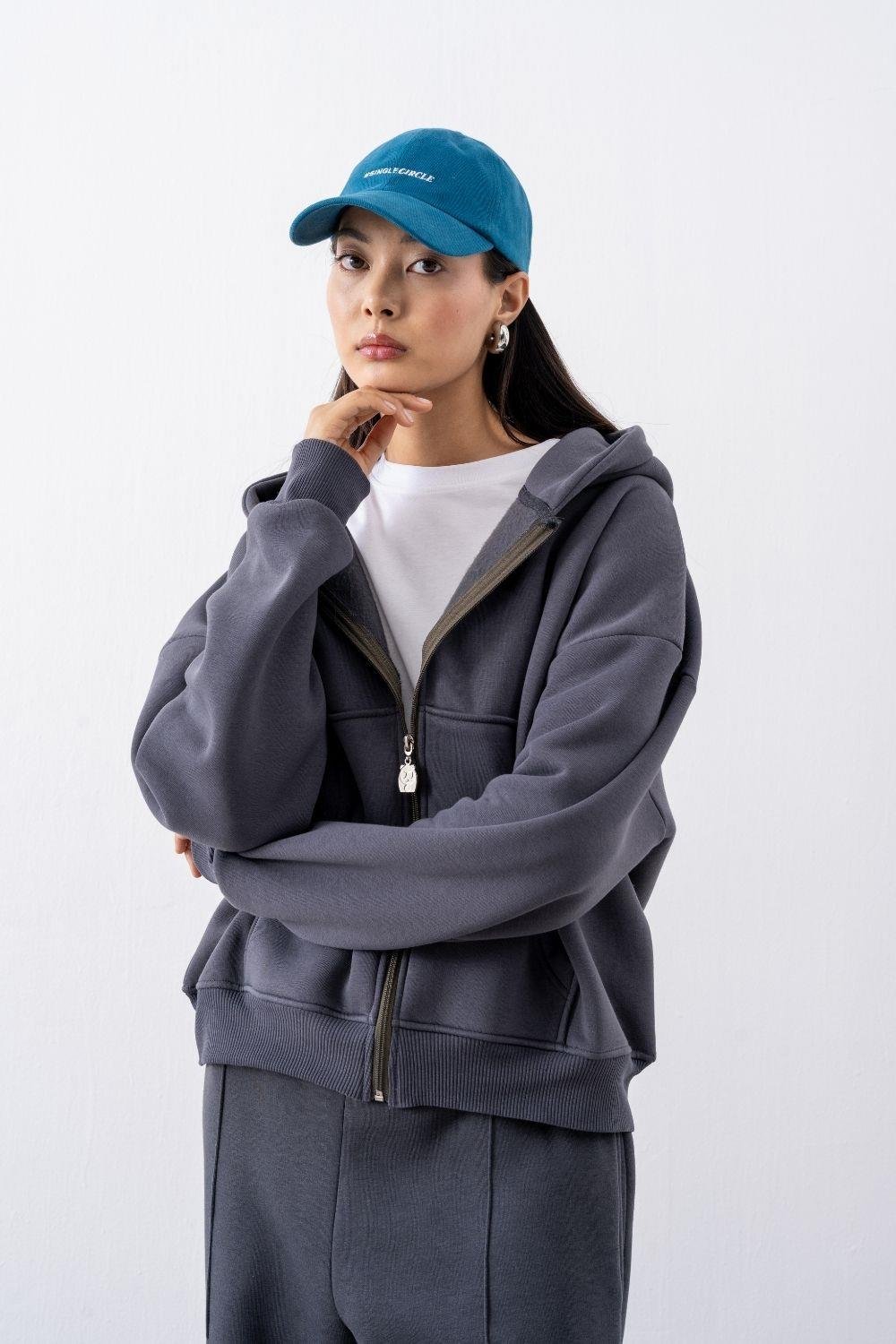 Kadın Chill Oversize Antrasit Fermuarlı Sweatshirt