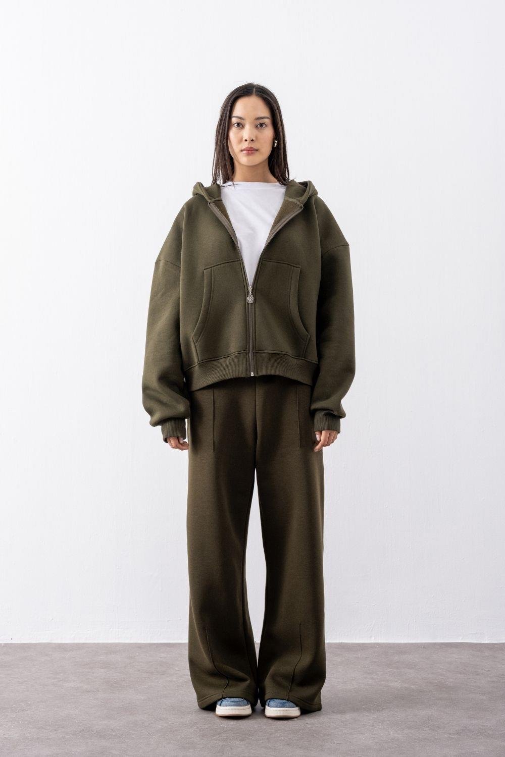 Kadın Chill Oversize Haki Fermuarlı Sweatshirt