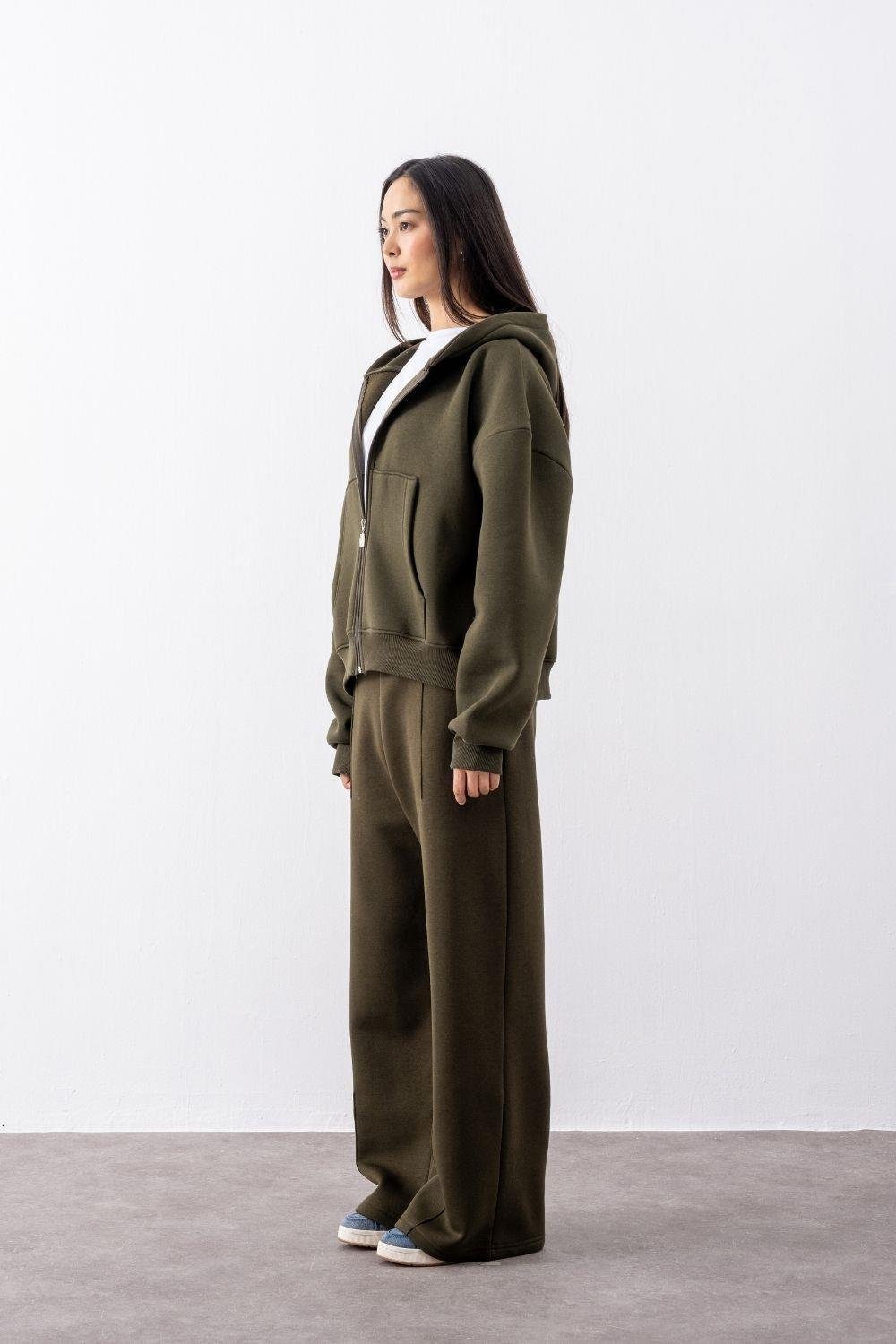 Kadın Chill Oversize Haki Fermuarlı Sweatshirt