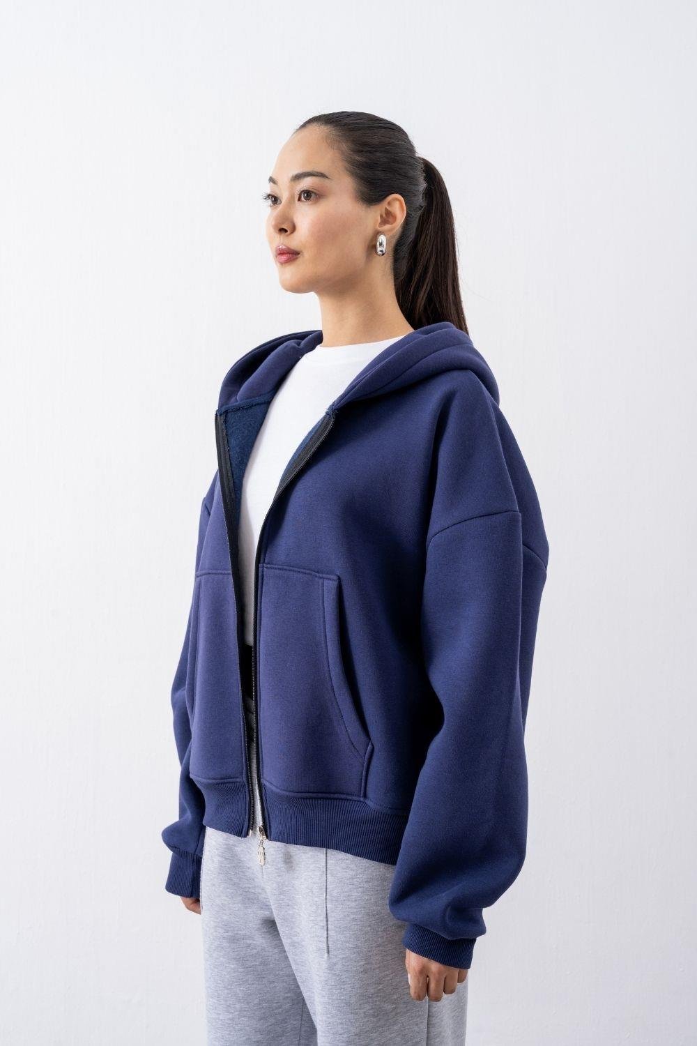 Kadın Chill Oversize Lacivert Fermuarlı Sweatshirt