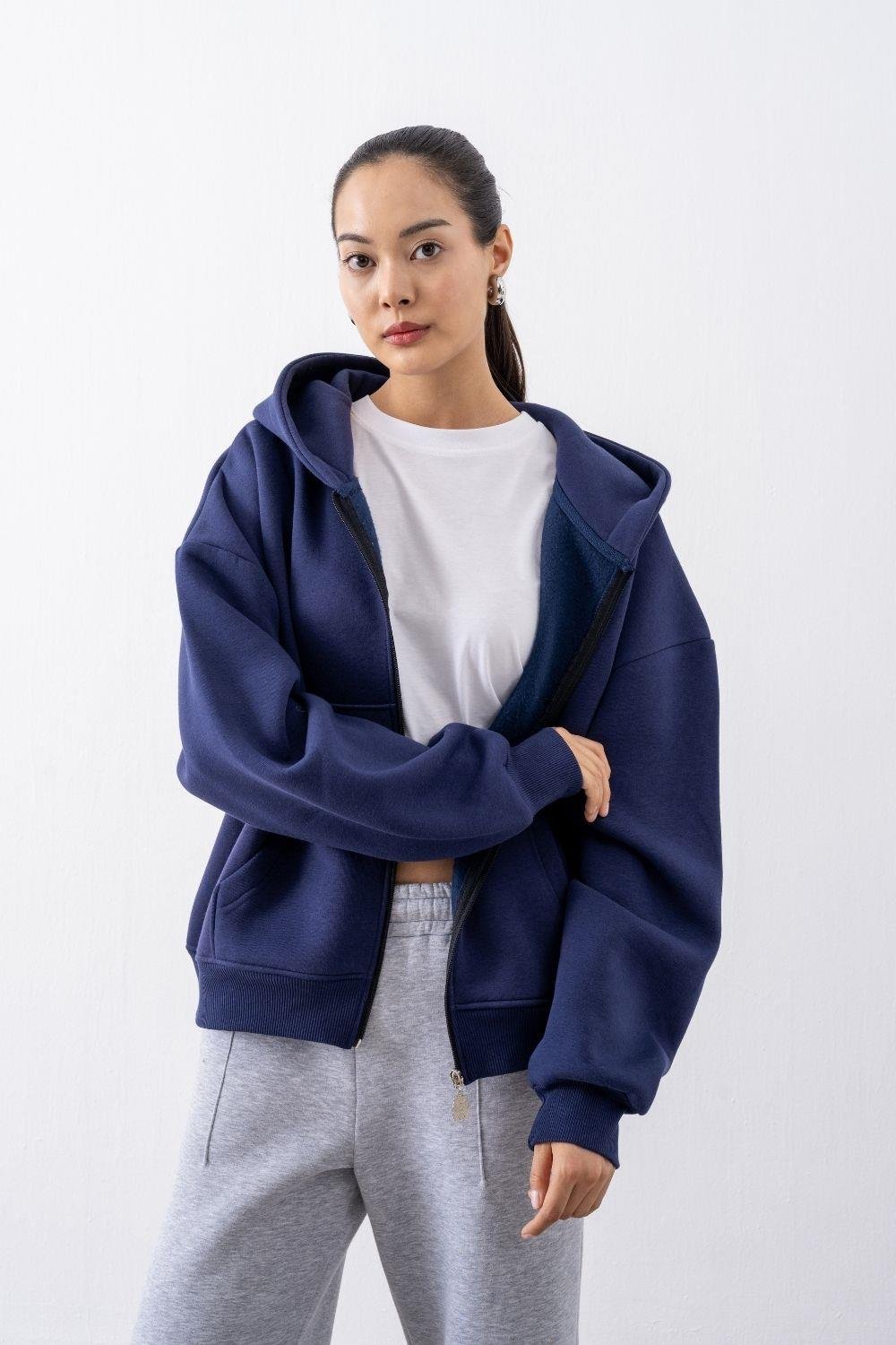 Kadın Chill Oversize Lacivert Fermuarlı Sweatshirt