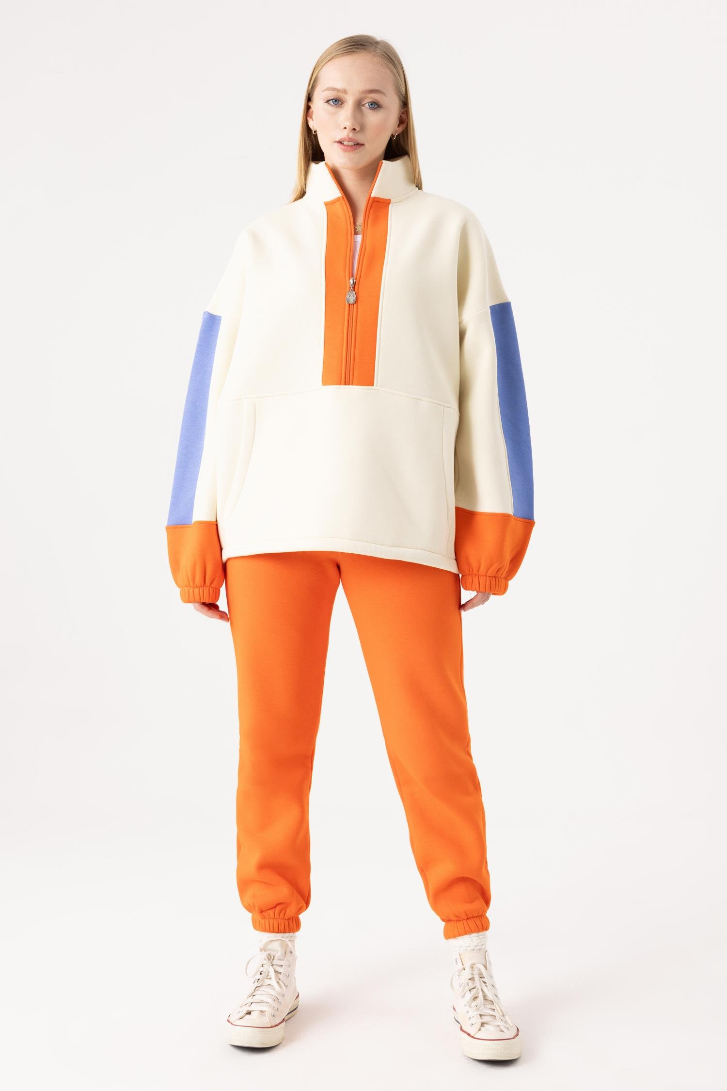 Kadın Fermuarlı Krem-Alev Turuncu Sweatshirt