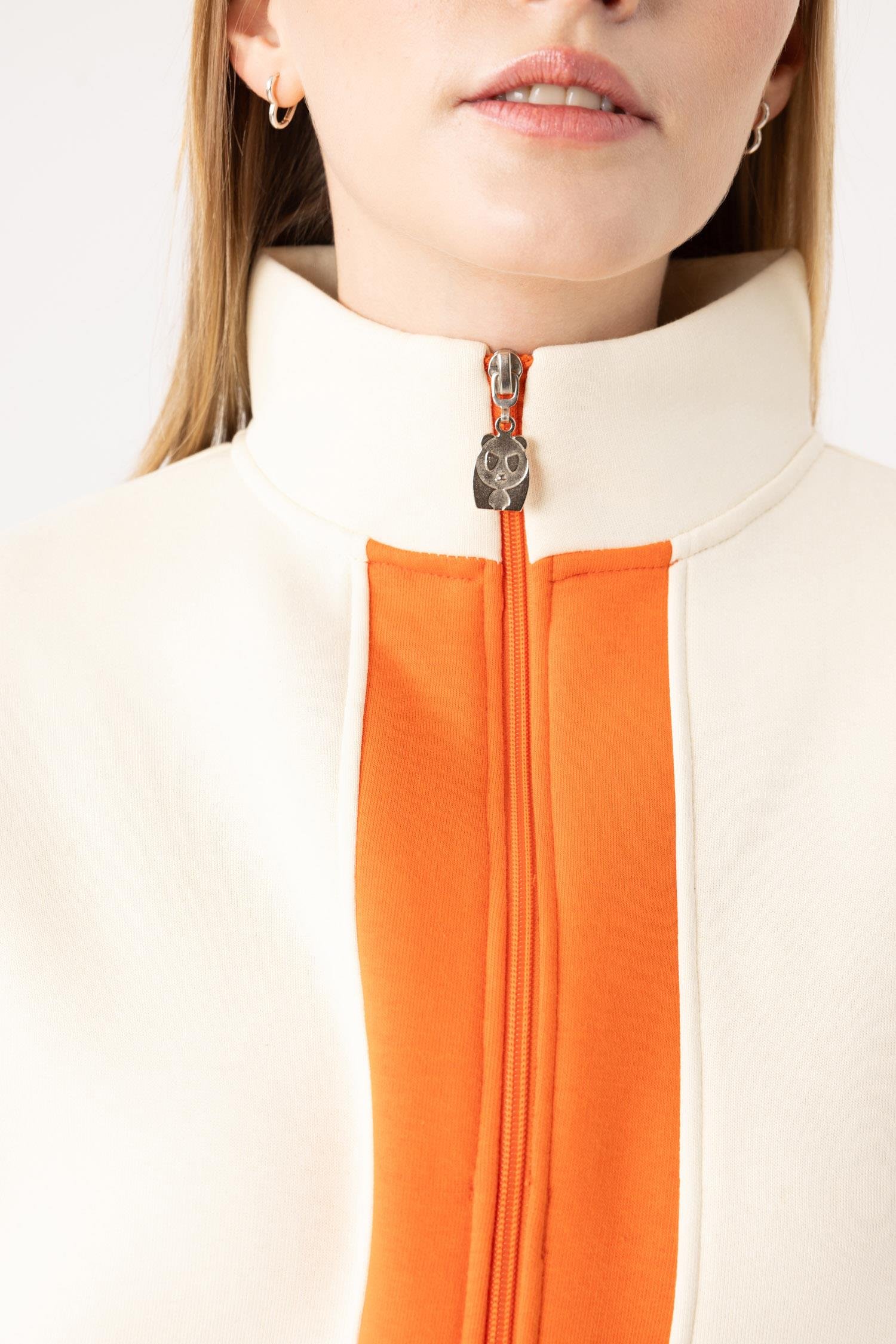 Kadın Fermuarlı Krem-Alev Turuncu Sweatshirt