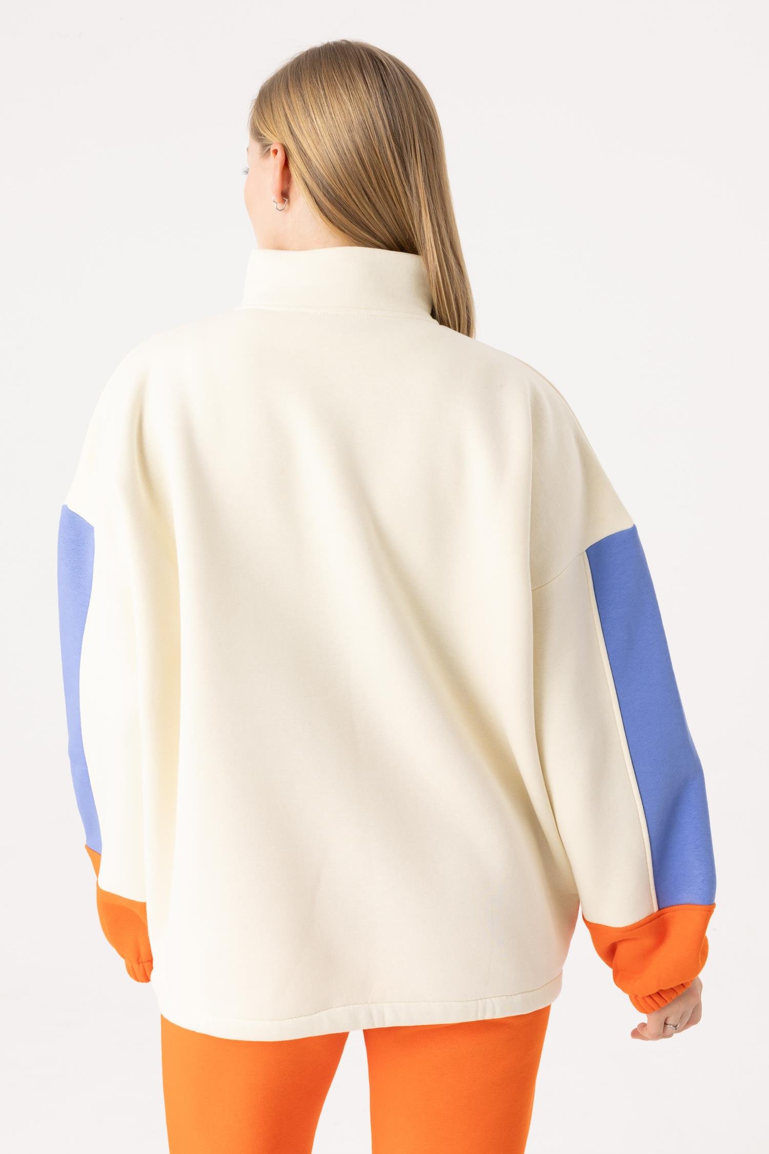 Kadın Fermuarlı Krem-Alev Turuncu Sweatshirt