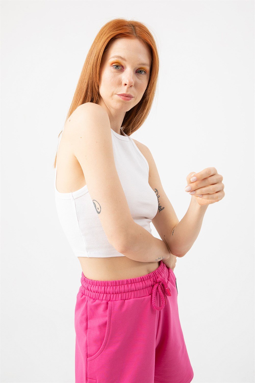 Kadın Fitilli Beyaz Crop T-Shirt