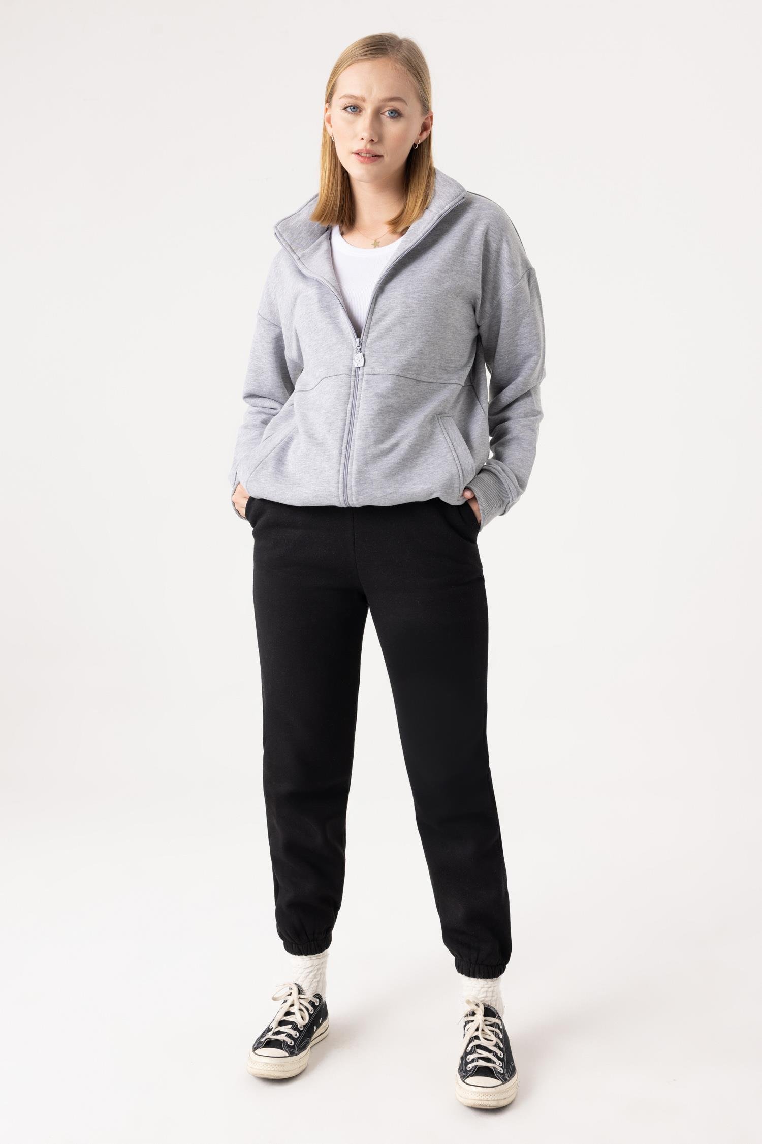 Kadın Gri Dik Yaka Fermuarlı Oversize Sweatshirt