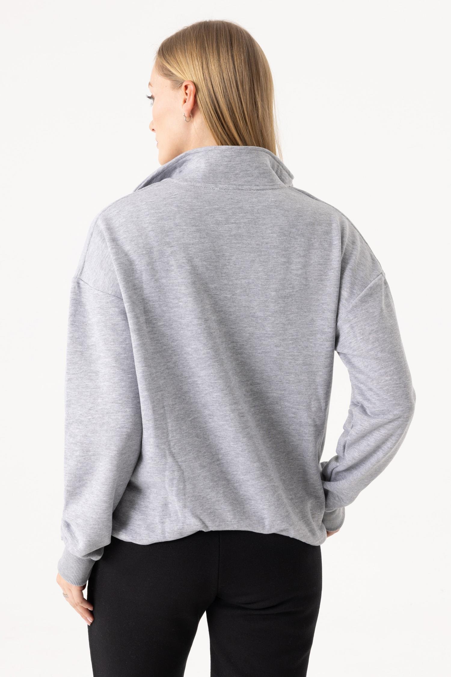 Kadın Gri Dik Yaka Fermuarlı Oversize Sweatshirt