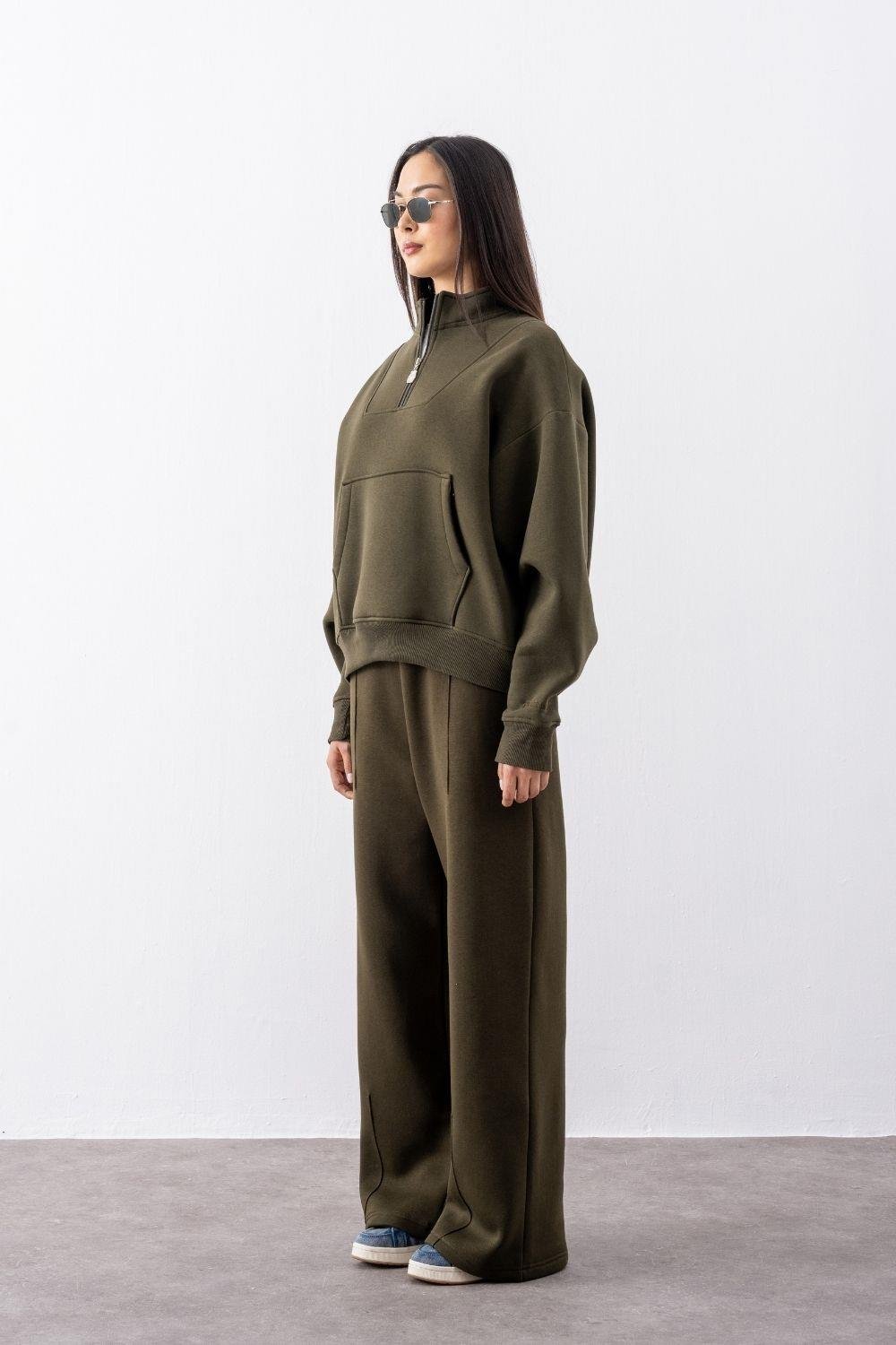 Kadın Haki Fermuarlı Oversize Sweatshirt