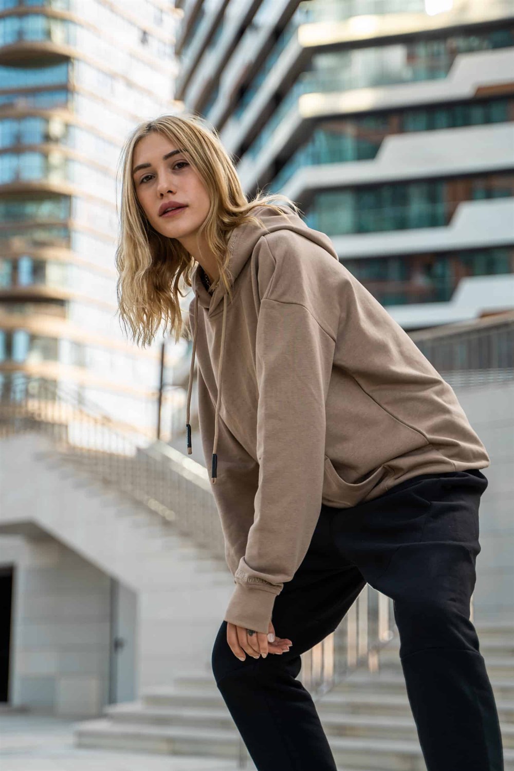 Kadın High Oversize Bej Hoodie
