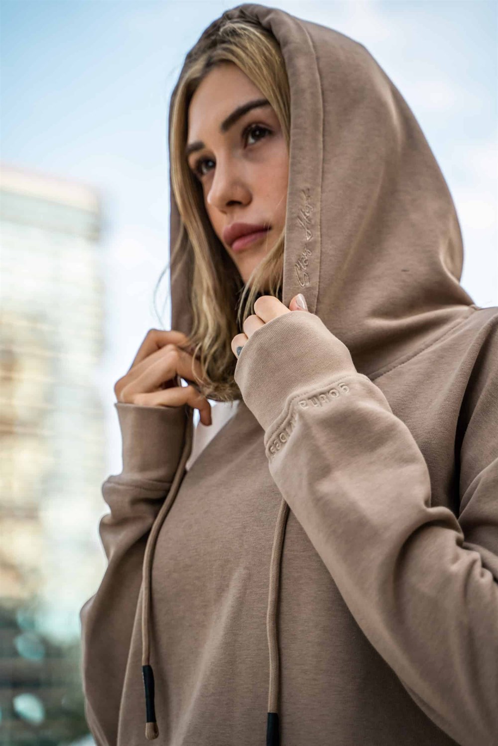 Kadın High Oversize Bej Hoodie