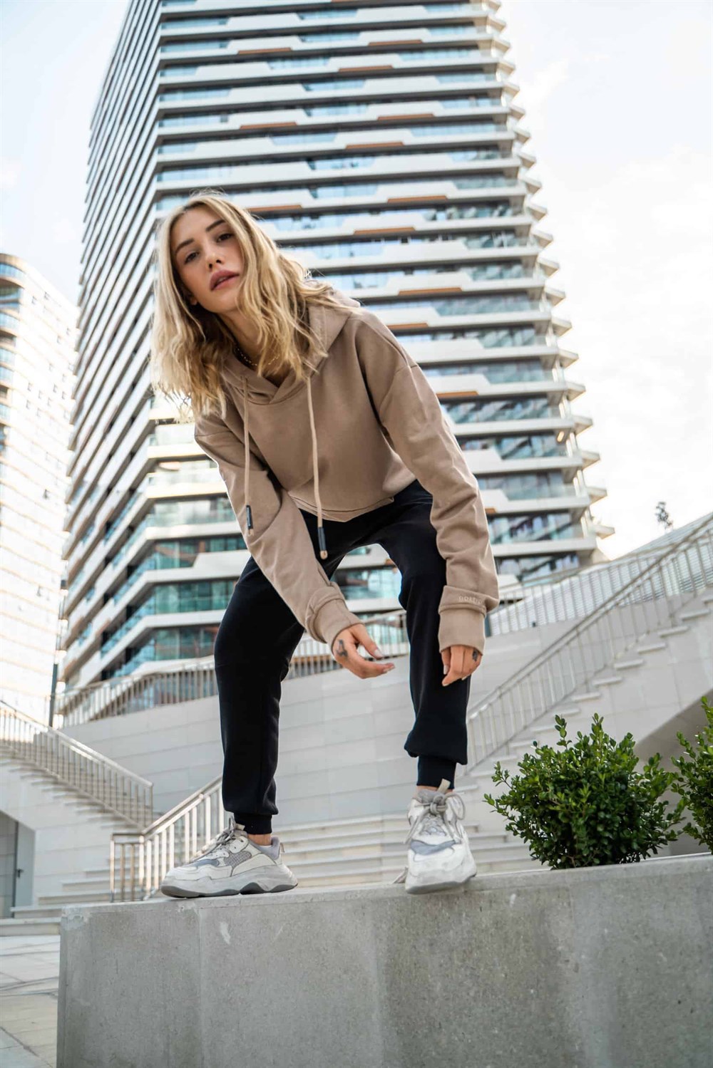 Kadın High Oversize Bej Hoodie